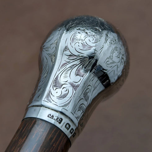 1921 British antique gentleman's walking stick, pure silver, round handle, 92cm